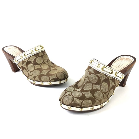 Coach Cadence Signature C Khaki Wooden Mules - Picture 1 of 9